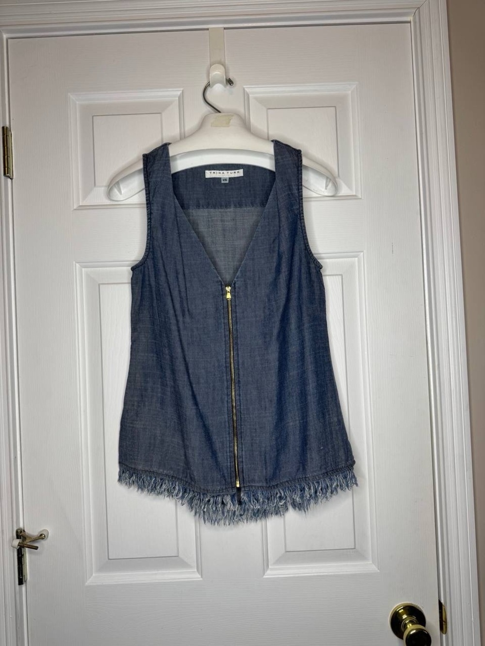 Trina Turk Blue Denim Zip-Front Fringe Tank Size XS